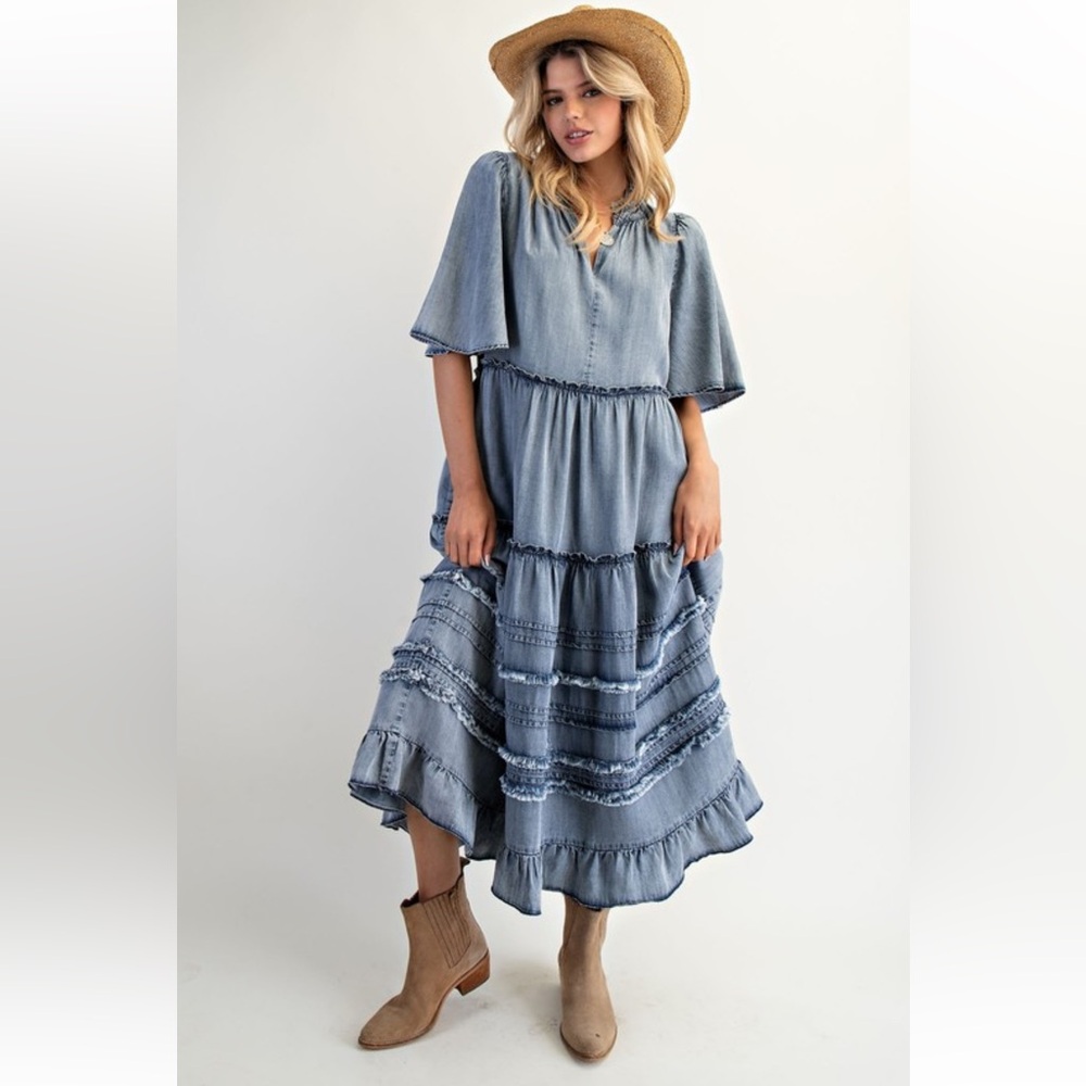 LAST!! Easel Denim Blue Maxi Dress Tiered Boho Flutter Sleeve Casual S M L NWT